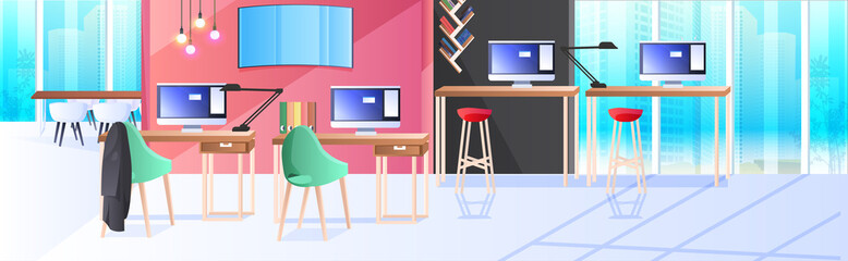 modern cabinet interior creative coworking center no people open space office room with furniture horizontal vector illustration
