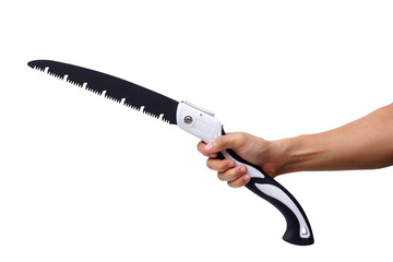 Hand holding a pruning saw isolated on white background