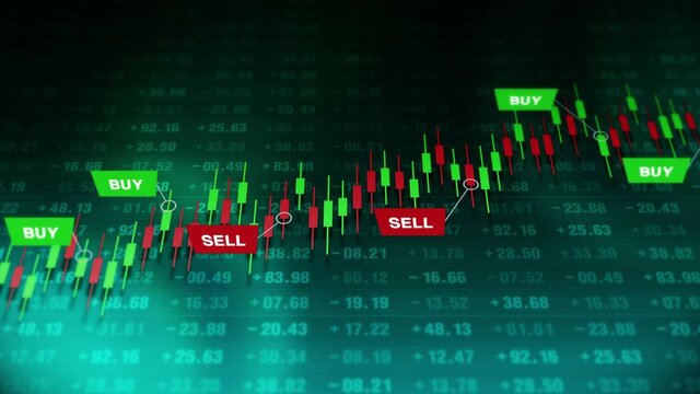 Buy and sell signals for forex trade on candle stick graph. Stock market. Finance. Business success and growth concept. Loop animation.