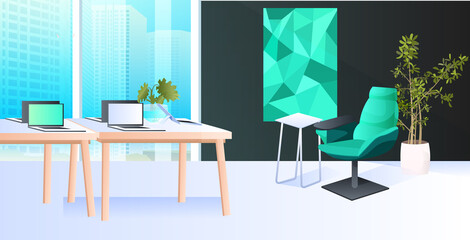 modern cabinet interior creative coworking center no people open space office room with furniture horizontal vector illustration