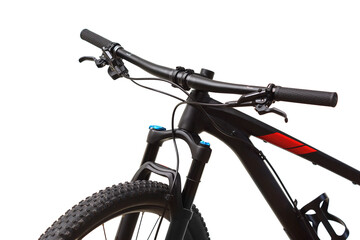 A closeup of a mountain bike with front suspension isolated on white background
