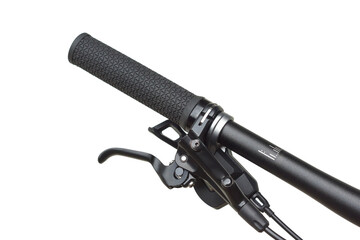 Handlebar of a mountain bike with brake, gear shifter, and a grip isolated