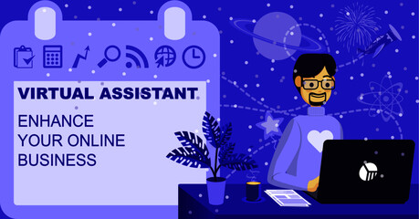 virtual assistant freelance work from home background flat illustration