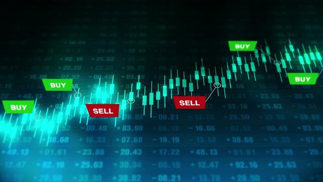 Buy and sell signals for forex trade on candle stick graph. Stock market. Finance. Business success and growth concept. Loop animation.