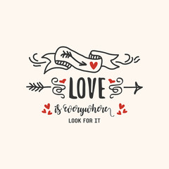 Fototapeta premium Black and red abstract hand drawn LOVE is everywhere ribbon, hearts, and arrows icons on pink background