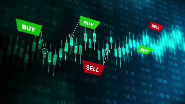 Buy and sell signals for forex trade on candle stick graph. Stock market. Finance. Business success and growth concept. Loop animation.