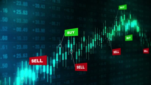 Buy and sell signals for forex trade on candle stick graph. Stock market. Finance. Business success and growth concept. Loop animation.