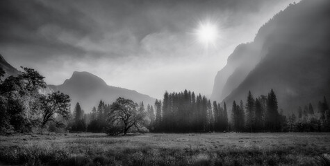 Panorama of Yosemite Valley during wildfires, black and white photo