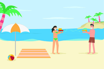 Fototapeta na wymiar Holiday in new normal vector concept: Young couple playing water gun in the beach while enjoying holiday