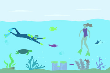 Summer holiday vector concept: Young couple swimming underwater together while enjoying summer holiday