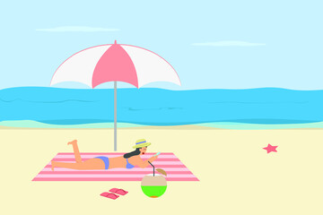 Obraz na płótnie Canvas Summer holiday vector concept: Young woman lying on the seashore while playing her mobile phone in the beach