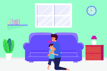 Hugging vector concept: Young father hugging his little son while standing at home 
