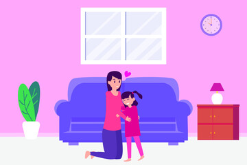 Hugging vector concept: Two cute children hugging each other while standing at home together