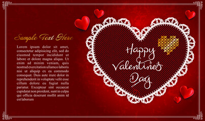 Valentines day background with knitting hearts and needles. Embroidery stylization with stitches. A vector illustration of stitched heart. Background for Valentines day, marriage or betrothal.Vector E