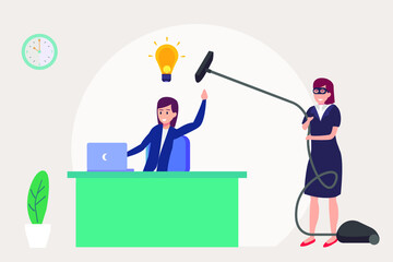 Businesswoman cartoon character wearing mask and using vacuum cleaner to steal job idea from her partner