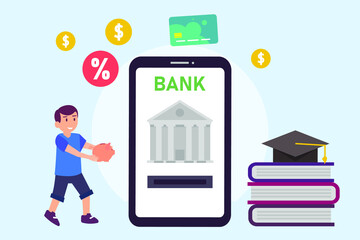 Obraz na płótnie Canvas Online bank vector concept: Little boy saving money for his future education on online bank 