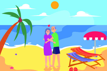 Hugging vector concept: Senior couple hugging in the beach while enjoying quality time together
