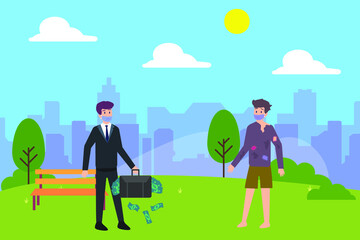 Rich and poor vector concept: Rich man carrying much money inside his briefcase and poor man dose not have any money while standing together in the park