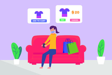 Woman wearing face mask and online shopping by buying clothes on mobile phone while sitting on the sofa at home