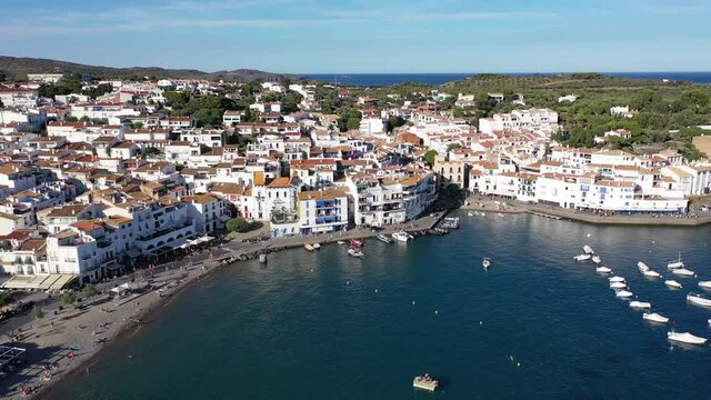 Scenic view from drone of Spanish town of Cadaques, Catalonia
