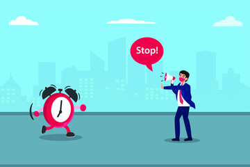 Businessman cartoon character in face mask trying to stop a running alarm clock while screaming with a megaphone