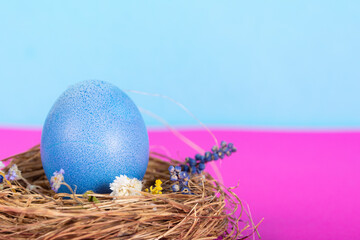 Colorful background with Easter eggs on pink background. Happy Easter concept. Can be used as poster, background, holiday card. Flat lay, top view, copy space. Studio Photo