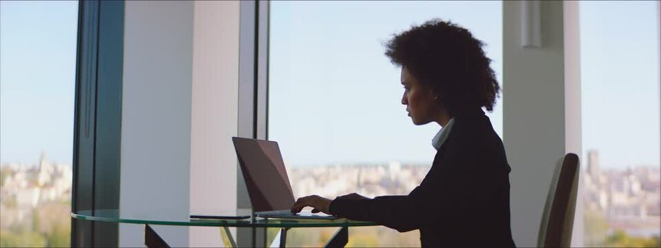 An elegant businesswoman using a laptop computer in the modern office with a beautiful view.
