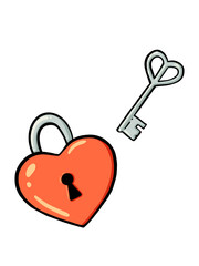 Illustration of heart lock with key to open it on white isolated background