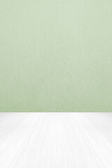 Empty green cement wall and white wood floor background for product display montage, White concrete and wooden room backdrop template