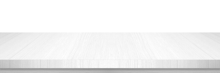 Empty white wooden table top, desk isolated on white background, Wood table surface for product display banner, White counter, shelf  for food display backdrop