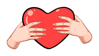 Heart illustration - love sticker in hands with tube on white isolated background