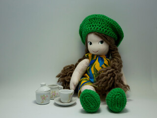 Tea time. Handmade doll. Toy for girls and boys. Crochet accessories. Adorable doll.