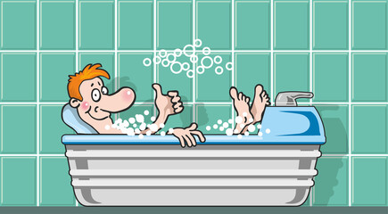 A satisfied man takes a bubble bath. Medical procedures in the sanatorium. Flat infographics. Vector illustration in cartoon style
