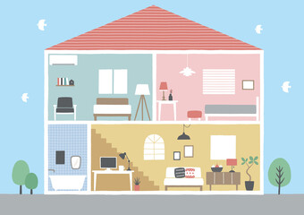 部屋の断面イラストカラフル