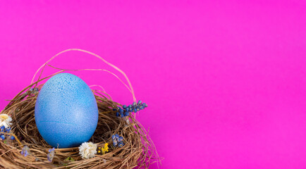 Colorful background with Easter eggs on pink background. Happy Easter concept. Can be used as poster, background, holiday card. Flat lay, top view, copy space. Studio Photo