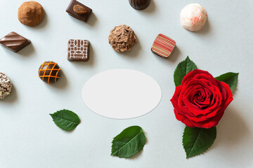 Fototapeta na wymiar Rose and chocolate frame. Valentine, sweets, chocolate, cacao, etc.　バラとチョコレートのフレーム。バレンタイン、スイーツ、チョコレート、カカオなど