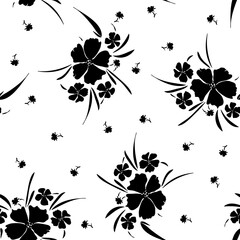 Trendy black and white vector texture. Monochrome floral seamless pattern. Fashion, fabric, ditsy print, wallpaper. Hand drawn silhouette wild flowers and leaves scattered random on white backgroud