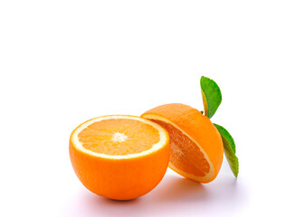 Fresh orange cut in half on white background