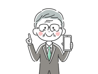 スマートフォンの画面を見せる日本人ビジネスマンのイラスト