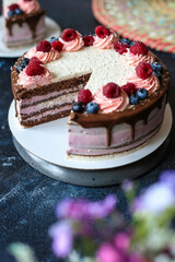 sponge creamy cake with berries and coconut flakes