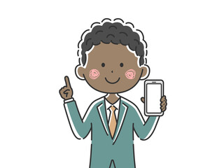 スマートフォンの画面を見せる黒人ビジネスマンのイラスト