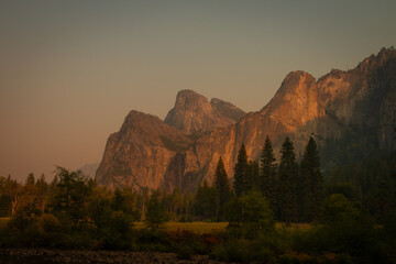 Illuminated cliffs at sunset Yosemite National Park