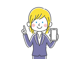 スマートフォンの画面を見せる白人ビジネスウーマンのイラスト