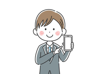 スマートフォンの画面を見せる日本人ビジネスマンのイラスト