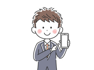 スマートフォンの画面を見せる日本人ビジネスマンのイラスト