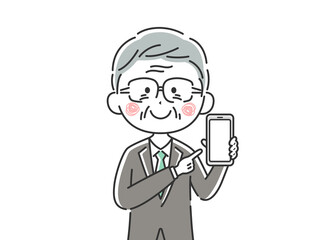 スマートフォンの画面を見せる日本人ビジネスマンのイラスト