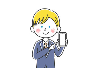 スマートフォンの画面を見せる白人ビジネスマンのイラスト