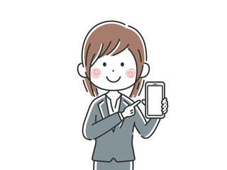 スマートフォンの画面を見せる日本人ビジネスウーマンのイラスト