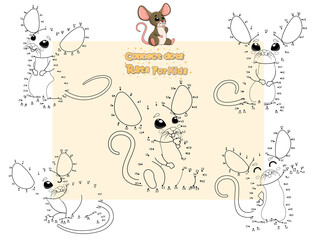 Connect The Dots and Draw Cute Rats Cartoon Set. Educational Game for Kids. Vector Illustration Happy Animal