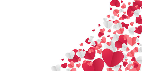 Red, pink and white flying hearts isolated on transparent background. Vector illustration. Paper cut decorations for Valentine's day border or frame design.   